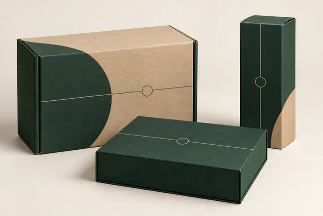 Coordinated mailer retail carton and gift box with consistent green geometric branding