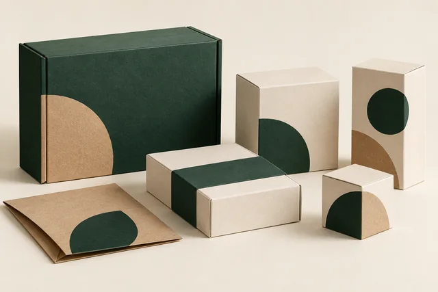 Compact green and ivory cartons with modular packaging and kraft insert samples