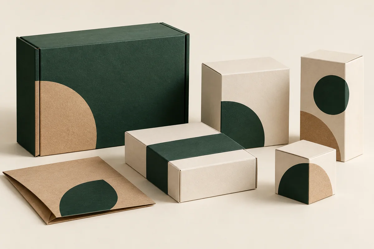 Compact green and ivory cartons with modular packaging and kraft insert samples