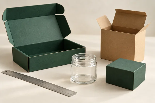 Mailer, kraft carton and rigid box beside a ruler and glass jar