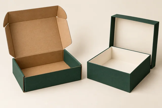 Open corrugated mailer beside a thick rigid presentation box