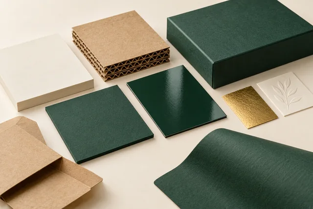 Corrugated, paperboard and rigid board samples with matte gloss foil and embossed surfaces