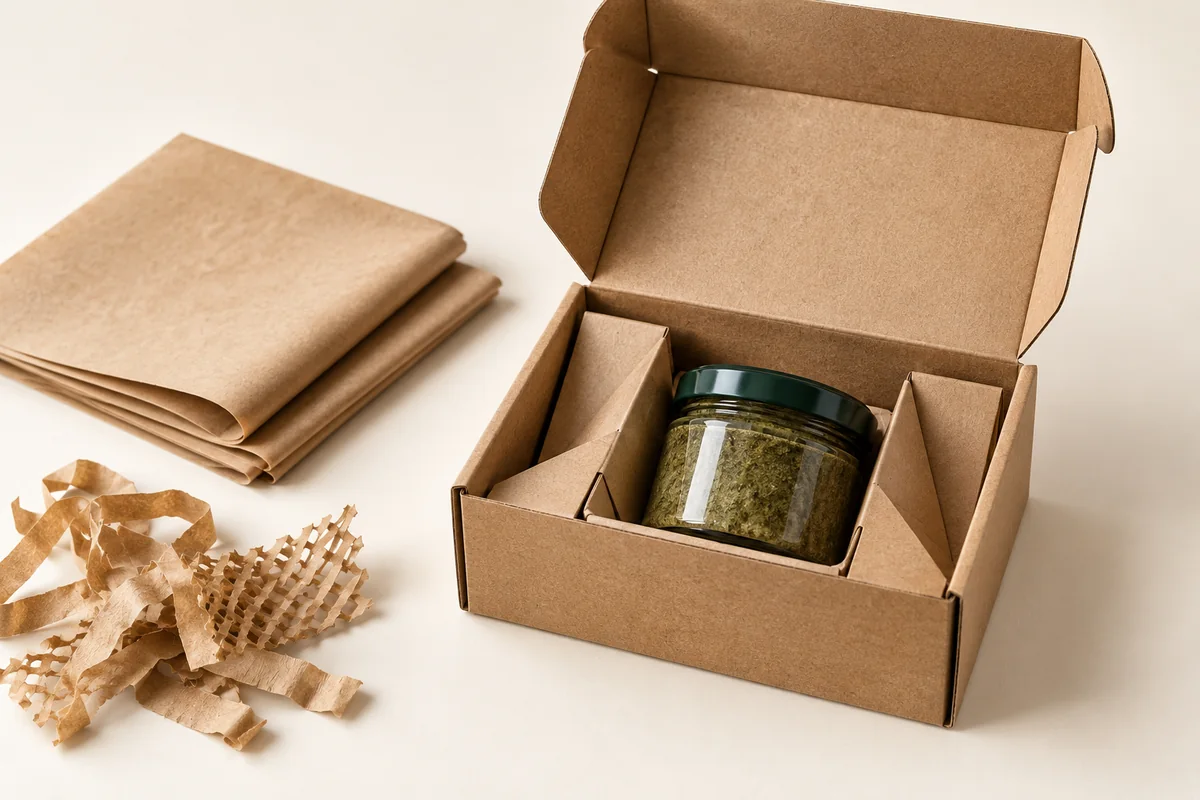 Right-sized kraft carton with paper insert and glass jar beside paper packing materials
