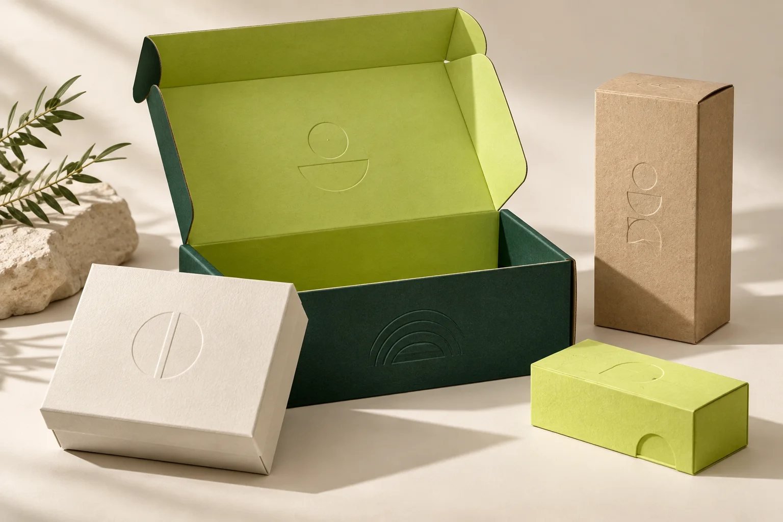 Forest-green mailer, ivory rigid box and kraft carton packaging