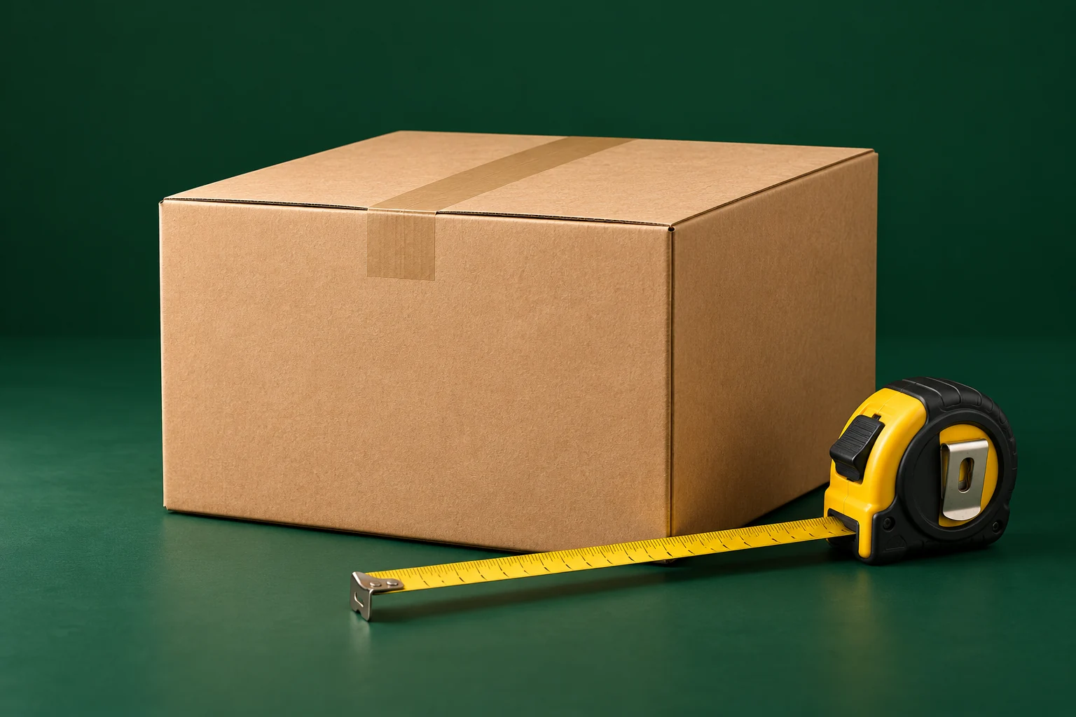 Kraft cardboard box and yellow measuring tape on a dark forest green background
